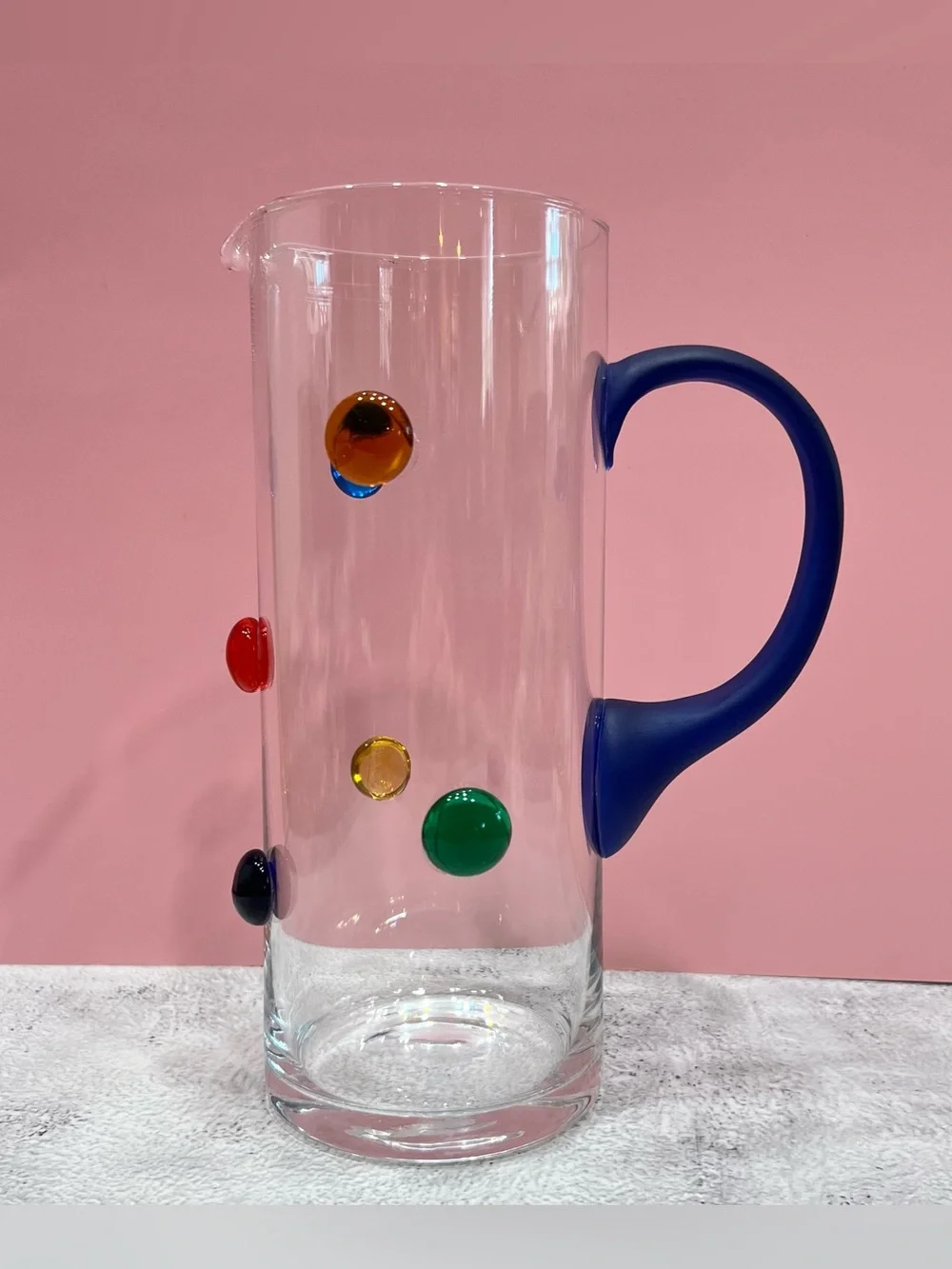 Vintage Murano Style Art Glass Pitcher Rainbow Dot Bubbles Post Modern Memphis